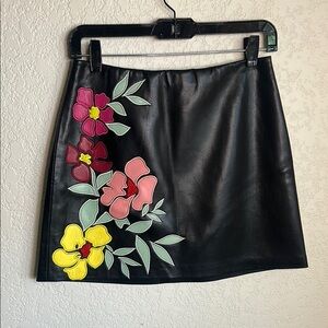 Alice And Olivia Floral Embroidered Black Faux Leather Skirt